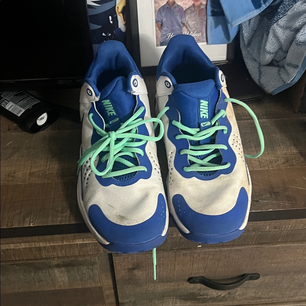 Nike Kids Blue and White Sneakers with Green Laces